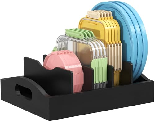 Lifewit Porta Coperchi in Bambù, Scolapiatti Salvaspazio con 4 Divisori Regolabili, Portacoperchi per Contenitori Cassetti Cucina per Alimenti, 27 x 21cm, Nero