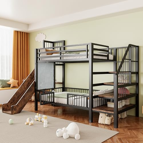 Dolamaní Letto a soppalco con scivolo e scala di stoccaggio 90 x 200 cm in metallo, letto a castello 2 bambini con porta di protezione e ripiani integrati, culla per ragazzi e ragazze, senza materasso