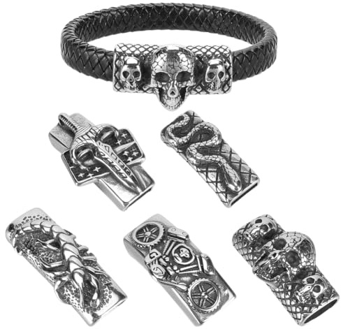 AHANDMAKER 5 unidades de acero inoxidable deslizador de 5 estilos, cierre de cordón de cuero plano, pulsera de plata antigua, cuentas deslizantes para joyería DIY accesorios de manualidades