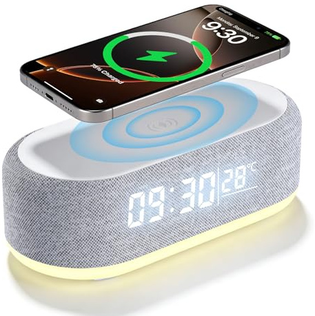 Wowfast Digitaler Wecker mit Kabelloser Ladestation, 4 In1 Intelligenter Wecker Nachtlicht, mit Licht und Temperatur, Helligkeit einstellbar