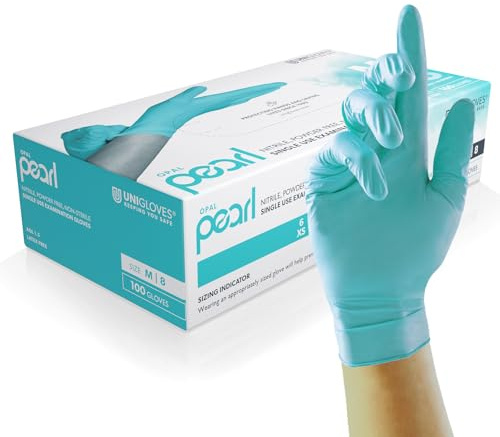 Unigloves Aqua Blue Pearl - Guantes de examen de nitrilo - Guantes desechables multiuso, sin polvo y sin látex - Caja de 100 guantes, color azul agua, medianos (GP0093) | Aptos para uso sanitario, alimentario y profesional – Paquete de 100, azul agua, talla M (GP0093)