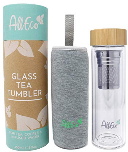 AllEco® Teeflasche mit Sieb to go 400-450ml Glas doppelwandig | Teebereiter für losen Tee, Teebecher, Teekanne ideal als Tee Geschenkset | nachhaltig, wiederverwendbar & umweltfreundlich