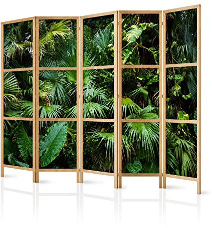 murando - Paravent Raumteiler Holz Tropische Blätter, 225x172 cm, 5-teilig | Mobiler Sichtschutz, sofort einsatzbereit, Holzrahmen, ideal fürs Wohnzimmer oder Büro, geruchsneutral, lichtbeständig