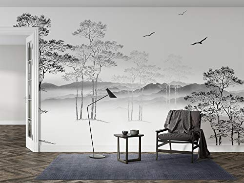 SILK ROAD EU Papier Peint Soie Panoramique Esquisse noir et blanc, 350 × 250cm, 3D Poster Geant Mural Personnalisé, abstrait arbre minimaliste, pour Salon Chambre restaurant Décoration Murale