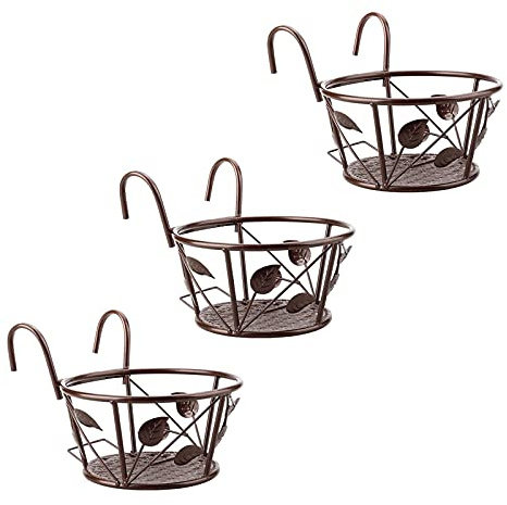 Yeehliny Blumentopfhalter Hohle Blumentopfhalter Pflanzen Blumenregal aus Eisen Hängeländer Pflanzgefäße Topfbügel Runde Pflanzkörbe Blumenständer Regal für Außenzaun Balkon Geländer 3PCS (03#/Brown)