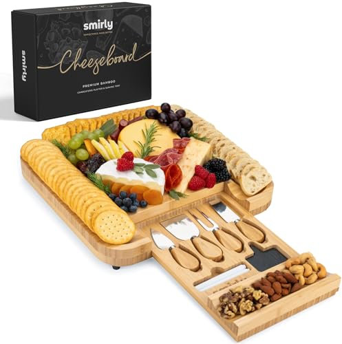 SMIRLY Juego de tablas de charcutería, juego de tablas de queso de bambú grandes, regalos de inauguración de la casa, regalo de boda para pareja, regalo de despedida de soltera, regalos de cumpleaños