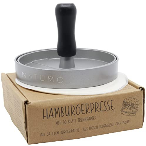 NATUMO Burgerpresse Set aus Hamburgerpresse und Burger Papier (50x Trennpapier), Burger Maker aus Aluguss (Ø 11cm, 200g), Profi Burger Pattie Presse mit Antihaftbeschichtung (Silber)
