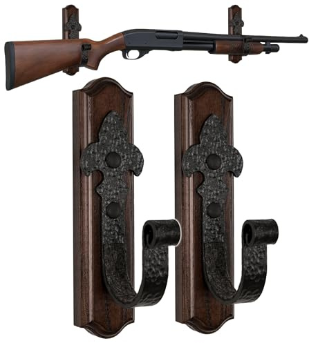 Teslyar Gun Rack Wall Mount – Metal Gun Hooks with Solid Ash Wood Base, Horizontal Rifle & Shotgun Display Hooks, Firearm Storage for Rifle, Shotgun & Bow (Dark Brown)