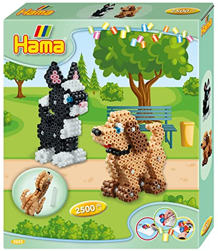 Hama Perlen 3253 Kleines Geschenk-Set 3D Hund und Katze mit ca. 2.500 bunten Midi Bügelperlen mit Durchmesser 5 mm, Stiftplatte, inkl. Bügelpapier, kreativer Bastelspaß für Kinder und Jugendliche
