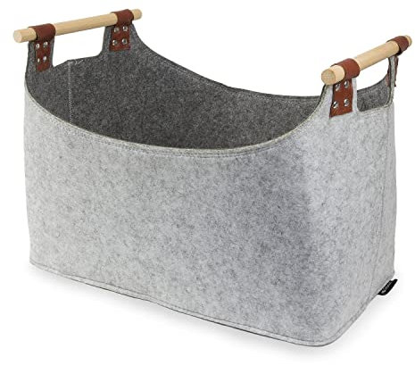 Kaminholztasche aus recyceltem Filz, zweifarbig und 5mm dick, mit stabilen Tragegriffen aus Holz für Kaminholz, Zeitungen, Spielzeug (hellgrau/grau)