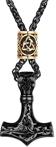 JeweBella Wikinger Thors Hammer Halskette Edelstahl Herren Thors Hammer Anhänger mit Keltischer Knoten Thors Hammer Kette Herren Wikinger Schmuck Geschenk Schwarz/Silber