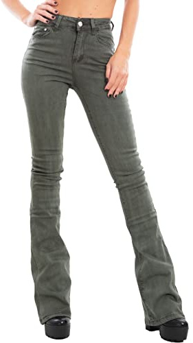 Toocool Vaqueros de Mujer Acampanados de Tiro Alto, Slim Flare Push up en Denim elástico, 5 Bolsillos, Modelo VI8008 [M, Verde Militar]