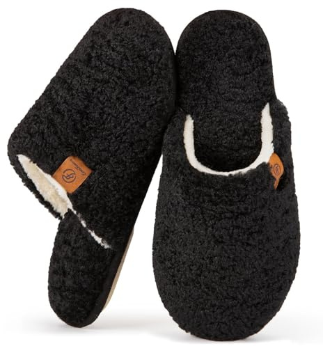 EverFoams Women's Fuzzy Slip-on Slippers Warm Cozy Soft Lightweight Memory Foam Indoor House Shoes Black, 9-10 US