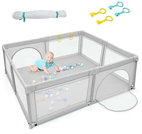 LIFEZEAL Barnlekhag, inhägnad av tyg och ventilerande nät, lekhage för barn med 4 ringar och 50 färgglada bollar, babylekhage 0–36 månader (grå 206 x 185,5 x 68 cm)