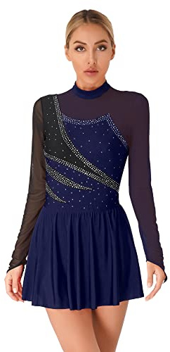 iEFiEL Damen Langarm Ballettkleid Eiskunstlauf Kleid mit Glitzer Kristallen Ballettkleidung Gymnastik Leotard Turnanzug Tanzkostüm