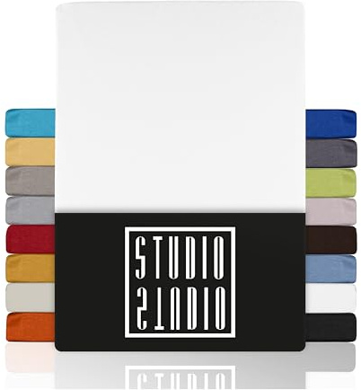 STUDIO Basic Sábana Bajera Ajustable 90x190 cm – con Goma Elástica Jersey 100% Algodón Peinado – Color Blanco – Oeko-Tex Standard 100 – para Colchones 15–25 cm, Camas Estándar y Box Spring