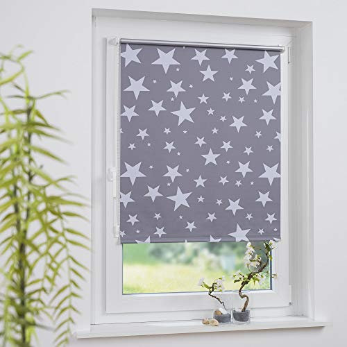Klemmfix-Thermorollo/Verdunklung, Motiv Sterne, Montage ohne Bohren oder Schrauben, Breite: 80 cm/Länge: 150 cm, grau/weiß