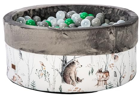 GoldenGroup Baby Forest Friends Bällebad - 300 Bälle - Spielzeug - Samt- und Schaumstoff-Bällebad - Grau: grau, grün, perlmetallic