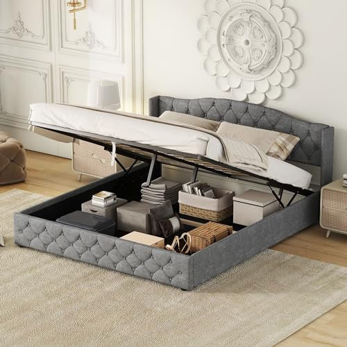 HYUB Polsterbett 180x200cm mit Lattenrost aus Metallrahmen, Hydraulisch Stauraumbett Doppelbett mit Großer Stauraum, Bettunterseite ist mit Schmutzabweisenden Vliesstoff, Ohne Matratze, Grau