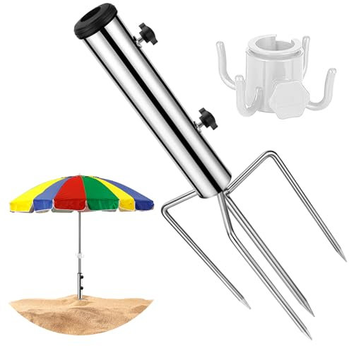 AROMUJOY Picchetto per Ombrellone Spiaggia, Supporto per Ombrellone Rimovibile con Ancoraggio a Terra, Porta Ombrellone da Giardino Regolabile Ø22-32mm, 4 Forchette per Pesca, Campeggio, Sabbia