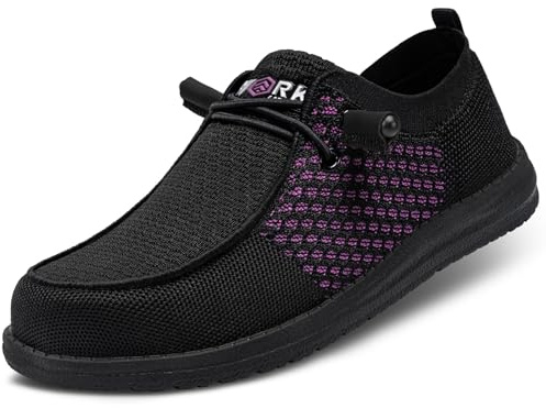 LARNMERN Steel Toe Loafers Women Slip On Work Safety Shoe, Black Purple 7.5