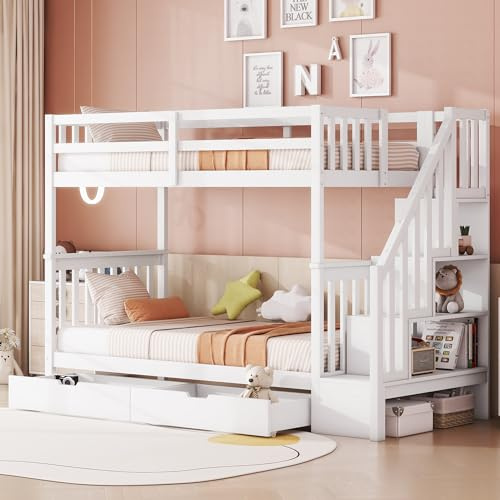 Rtopsu Letto a Castello 90x200 cm, Letto per Bambini con Scale e 2 Cassetti Contenitore, Letti Ragazzi con Protezione Anticaduta e Ripiano Portaoggetti, Letti con Rete a Doghe, Bianco, Senza Materasso
