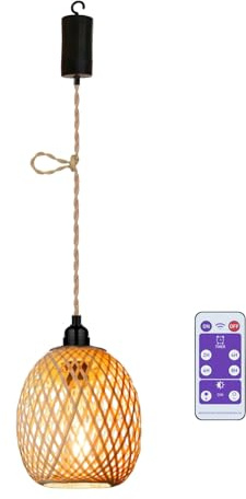 Batterie Hängelampe Boho Rattan Batteriebetrieben Bambus Korb Lampenschirm | Deckenleuchte ohne Stromanschluss, Hanfseil Beleuchtung, Für Schlafzimmer Esstisch, Weihnachten Deko