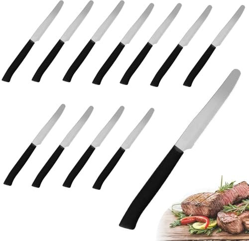 PALUPLUS Set 12 Coltelli da Carne con Punta TONDA in Acciaio Inox, Lunghezza 21 cm, Lama Seghettata e Temprata, Impugnatura Ergonomica, Coltelli da tavola per Bistecca e Pizza, Made Italy -392