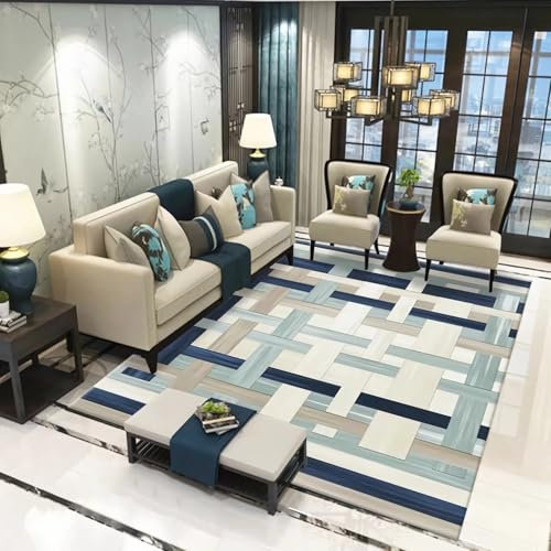Teppich Balkon Rutschfester, leicht zu reinigender Teppich Blau Gelb Geometrisches Design,dielen- & flurmöbel bettumrandung Teppich,60x90cm