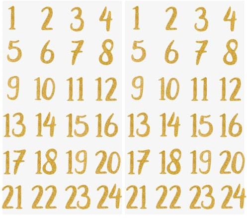 2 Blatt Adventskalender Aufkleber Glitzer Zahlen 1-24 Sterne Sticker für Weihnachten Kalender zum basteln selbstklebend Dekoration Etiketten Weihnachtskalender Nummern für Papiertüten (Gold)