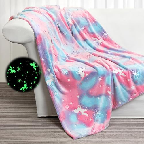 Emilie-Textil Flauschige Kinderdecke, Kuscheldecke mit leuchtenden Motiven wie Einhorn, Dino, Weltraum und Gaming - Weiche Fleecedecke für Mädchen und Jungen, (Lila Einhorn, 200X150)