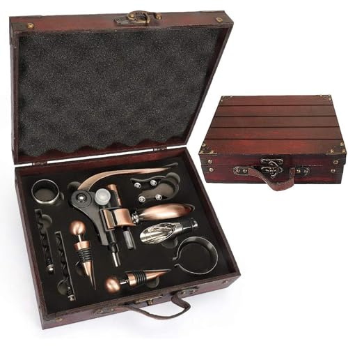 Weinkorkenzieher-Set mit Vintage-Holzkiste, Wein Sommelier Sets mit Flaschenöffner,Weinzubehör Geschenkset,Kaninchenkopf-Flaschenöffner-Set,Tropfringe,Weinverschlüss,Weinausgießer (Antike Kiste1)