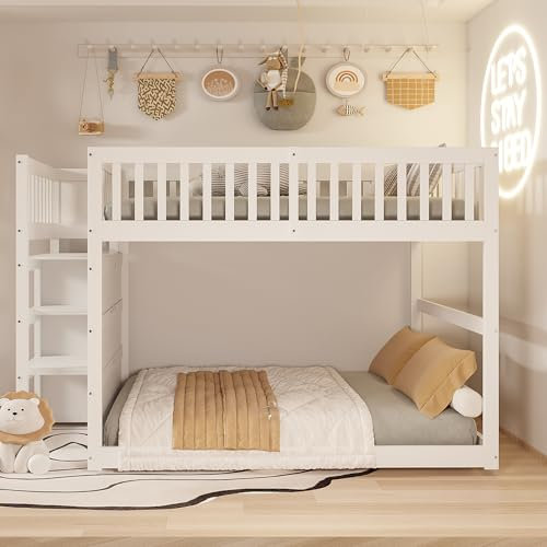 RanRan Niedriges Etagenbett, Sicherheits-Etagenbett mit Staufach, hohes Zaun-Design, Holzbett, 140 x 200 cm (Weiß)
