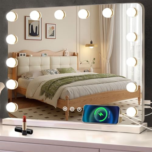 Schminkspiegel mit Beleuchtung 58x43cm,Hollywood Spiegel mit 14 LED Lampen | Vanity Spiegel Tischspiegel USB Type C 3 Lichtmodi 10X Vergrößerung gehärtetes Glas ideal für Schminktisch Schlafzimmer
