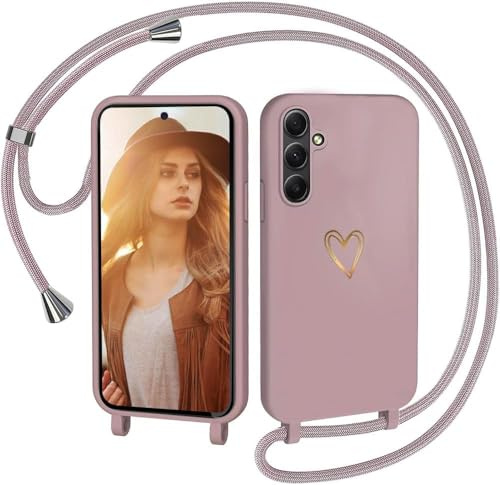 CaseLover Handyband für Samsung Galaxy A16 5G/A16 4G Hülle mit Band, Pink | Herz Muster, Silikon Necklace Handyhülle mit Abnehmbar Kordel zum Umhängen, Stossfest Bumper Handy Schutzhülle Case