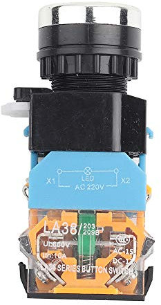 Interruttore momentaneo a pulsante rosso a testa piatta da 22 mm, interruttore a pulsante con chiusura a corpo in plastica con testa in metallo con luce LED 220 V per controllo