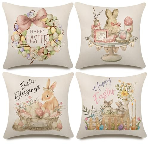 PITMT Cuscini Pasquali 4 Confezioni, Fodere Cuscini 40x40 Vintage Decorazione in Lino a Forma di Coniglietto Pasquale, Federa Cuscino per la Decorazione Pasquale del Divano, Della Camera da Letto