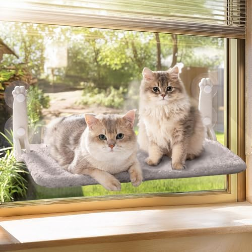 MEWOOFUN Weiche Katzen fensterhängematte – 54x30cm faltbares Katzen fensterbett mit wendbarer Matte, stabile Katzenhängematte hält bis zu 18kg (grau, L)
