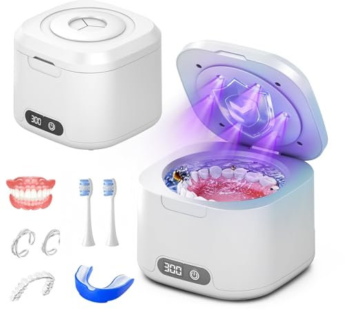 Ultraschallhalterreiniger, 49kHz Ultraschall-Zahnreinigung mit UV-Reinigung und vier Modi, 340ml Ultraschall-Zahnreinigung für Zahnprothesen, Zahnschutz, Make-up-Bürsten, Korrekturgeräte, Schmuck