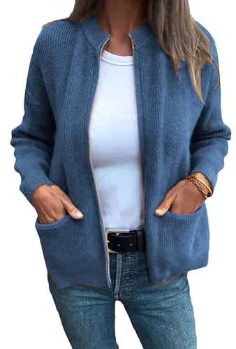 Damen-Strickjacke, Stehkragen, durchgehender Reißverschluss, leicht, langärmelig, Reißverschluss, Strickjacke, mit Taschen, Herbst