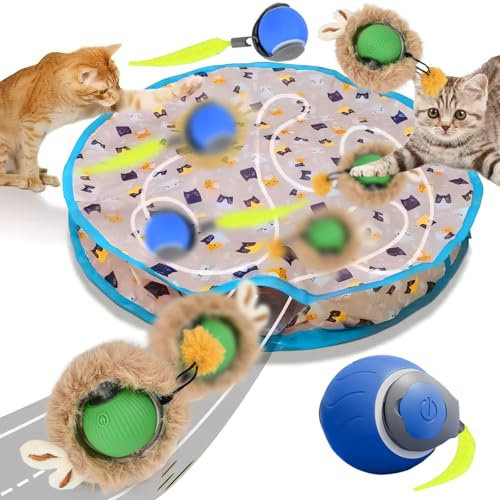Tappetino da Gioco con 2 Giochi Palle Elettriche, Palla Automatica Rotante a 360° per Gattini, Giocattolo Interattivo Intelligenti per Gatti da Interno, 3 Modalità USB Palline Elettrici per Gatti