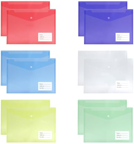 12 Stück Dokumententasche A4 Kunststoff Transparent - Farbig sortierte schnellhefter A4 Plastik stabil mit Etikettentasche, wiederverwendbare dokumententasche A4s abheftbar für Schule Büro Zuhause