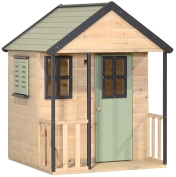 Wendi Toys M46PGN Barnhus, trä, utomhus, trädgård, lekstuga för barn, FSC trä, 120 × 120 × 155 cm, med balkong, dörr, hyllfack, fönsterluckor och golv, väderbeständig, pastellgrön