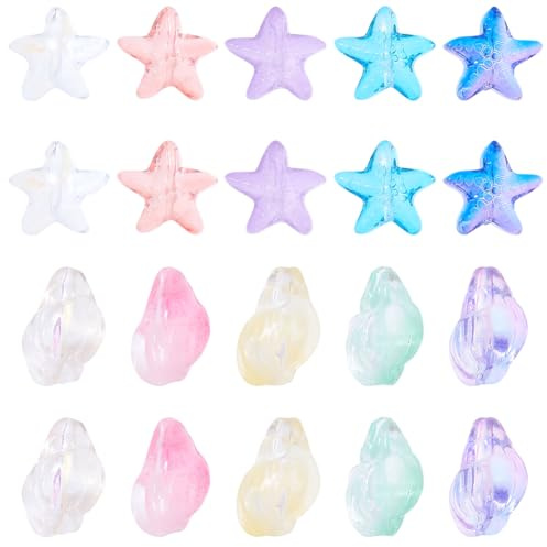 SUNNYCLUE 1 Caja con 80 Cuentas de Cristal con Forma de Estrella de Mar Y Concha, Transparentes, de 15mm, En Colores Aleatorios. Diseño Veraniego con Animales Marinos de Playa Y Océano. Separadores S