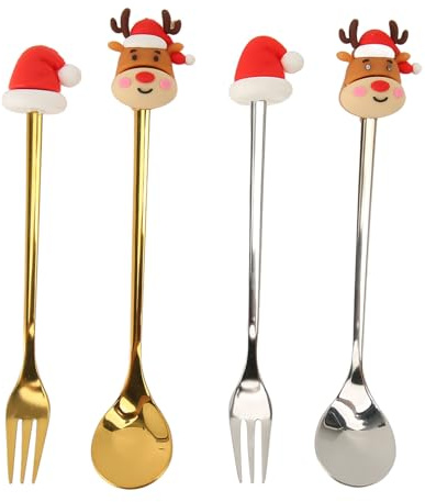 Set cucchiai e forchette natalizie, posate in acciaio inossidabile, mini stoviglie divertenti cartoni animati da 4 pezzi con manico in silicone, set di posate natalizie per regali