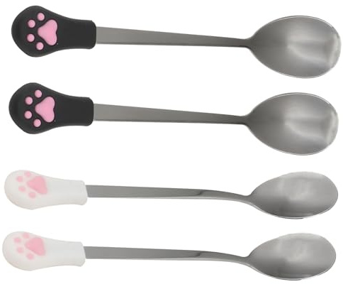 Tofficu 4pcs Pet Food Scoop Stainless Steel Dog Cat Can Spoon Set, Black White Paw Design, Suitable for Feeding Wet Canned Food
