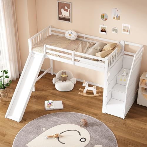 REXO Letto a soppalco, 90 x 200 cm, posizione scala opzionale, con scivolo, recinzione rimovibile, scala di appoggio, certificato EN747, senza materasso, bianco.