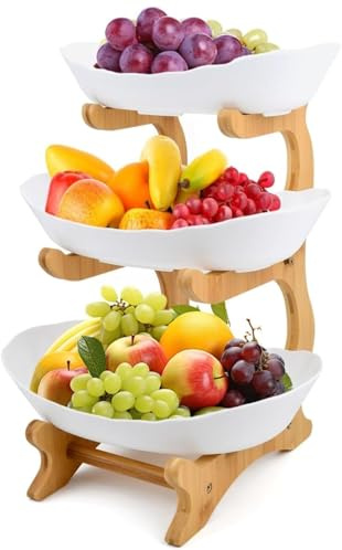 3 Tier Fruit Basket,Vegetable Rack,Bread Basket,Wooden Rack PP Fruit Bowl Serving Tray,Fruit Baskets,Vegetable Storage Rack For Kitchens Home,Office,Vegetables,Onion,Banana,Snack Basket (White 3 tier)