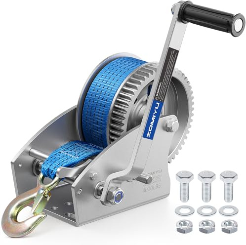 ZOMIYU 4000lb Boat Trailer Winch with Strap, Heavy Duty Hand Winch for Boat