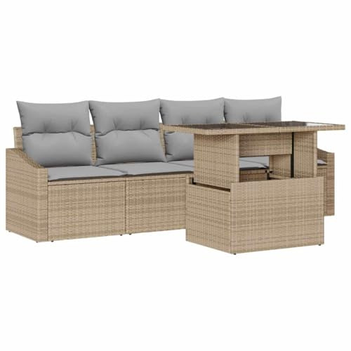 Qnhdfrt Gartenmöbel-Set 5-teilig, Lounge-Set aus Poly Rattan, modulare Sitzgruppe für Garten und Terrasse, mit höhenverstellbarem Tisch und Stauraum in den Bänken, Beige